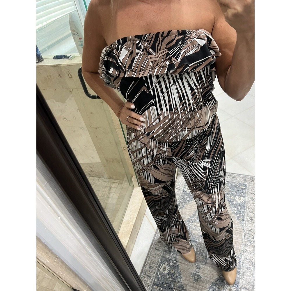 Cache Stretchy Strapless Jumpsuit M Black Brown White Print Wide Leg Jersey